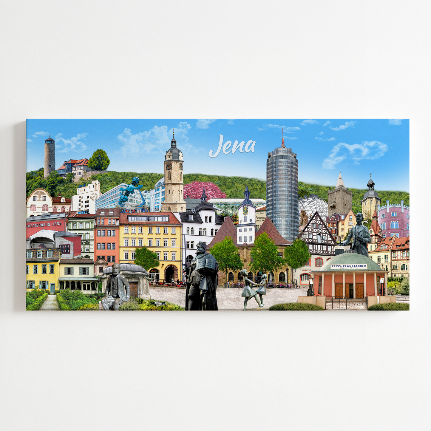 Frontalansicht der Jena Leinwand mit farbenfroher Collage von Bernd Röttgers