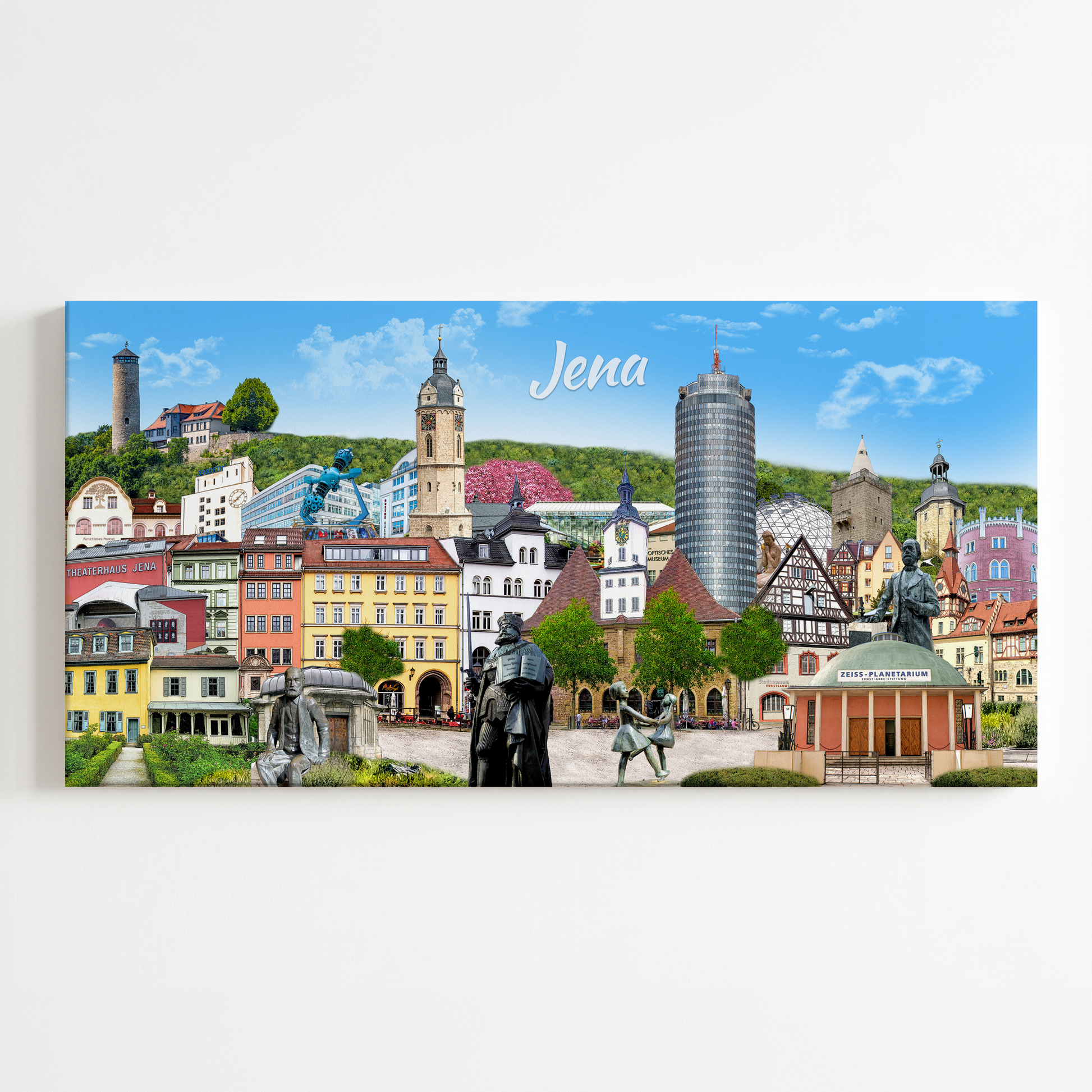 Frontalansicht der Jena Leinwand mit farbenfroher Collage von Bernd Röttgers
