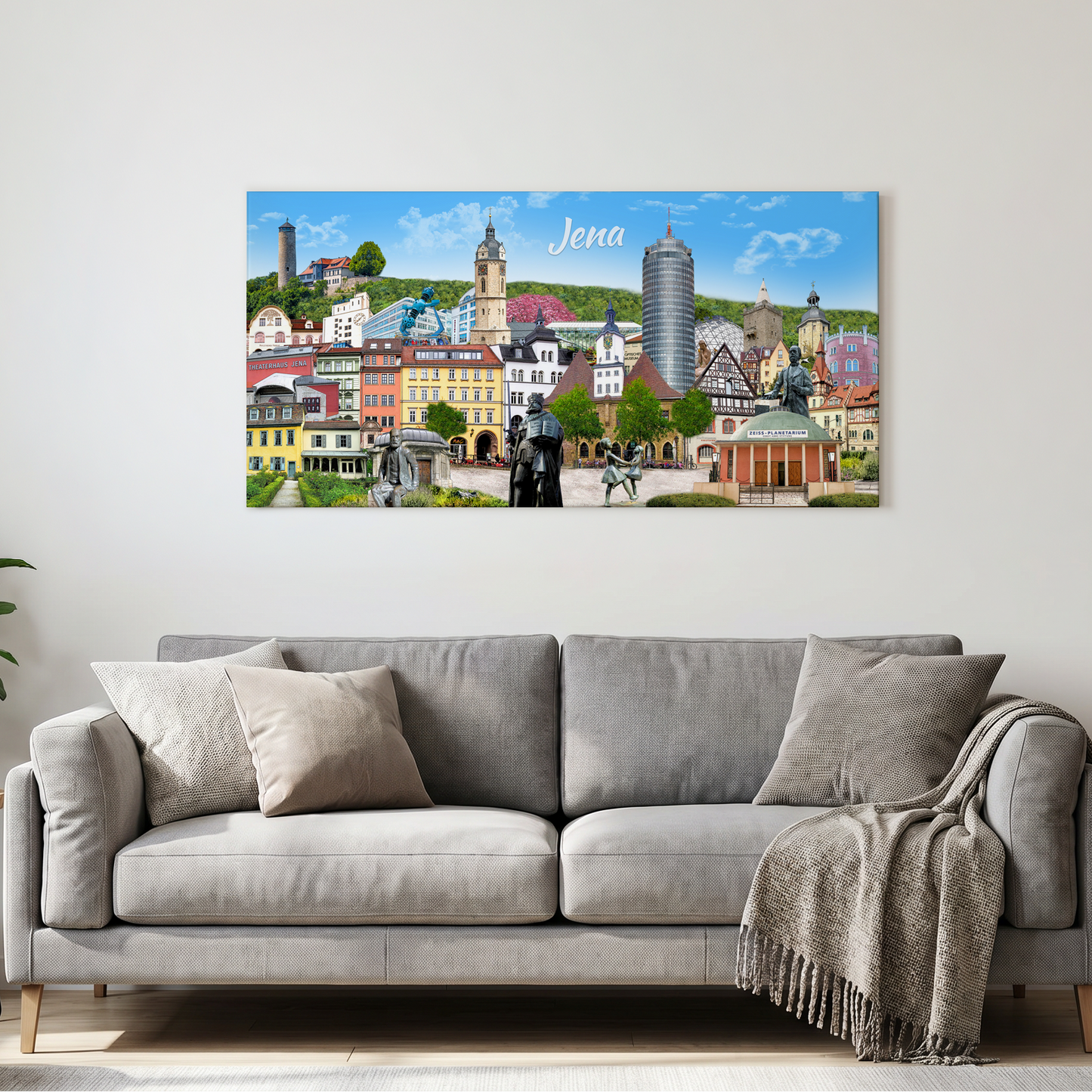 Jena Wandbild stilvoll aufgehängt in einem modernen, hellen Wohnzimmer