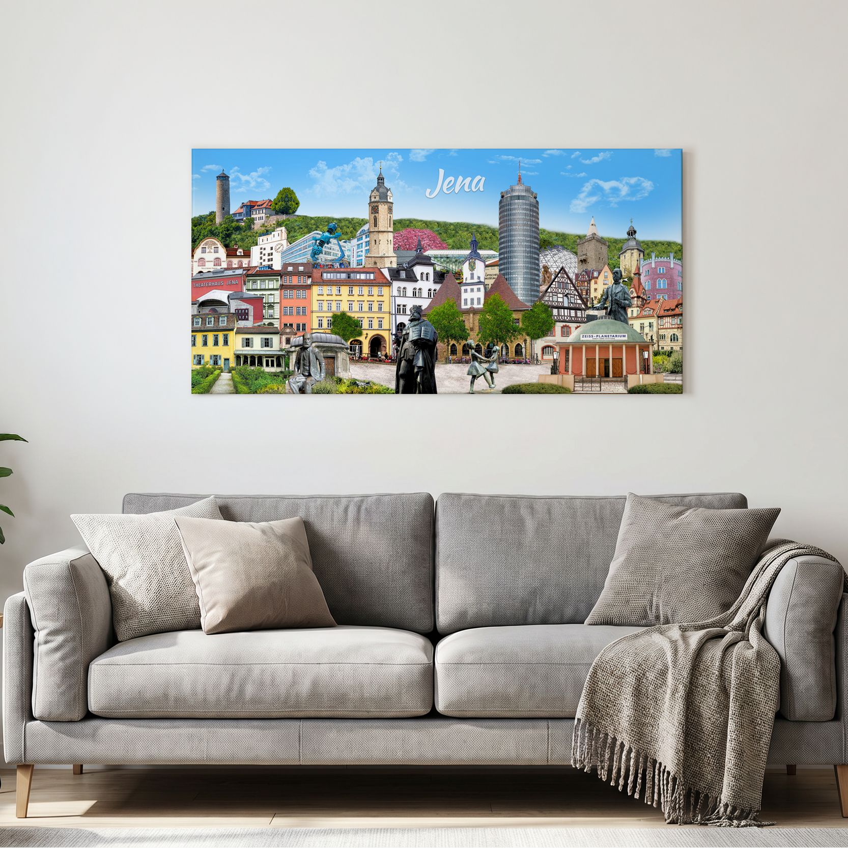 Jena Wandbild stilvoll aufgehängt in einem modernen, hellen Wohnzimmer