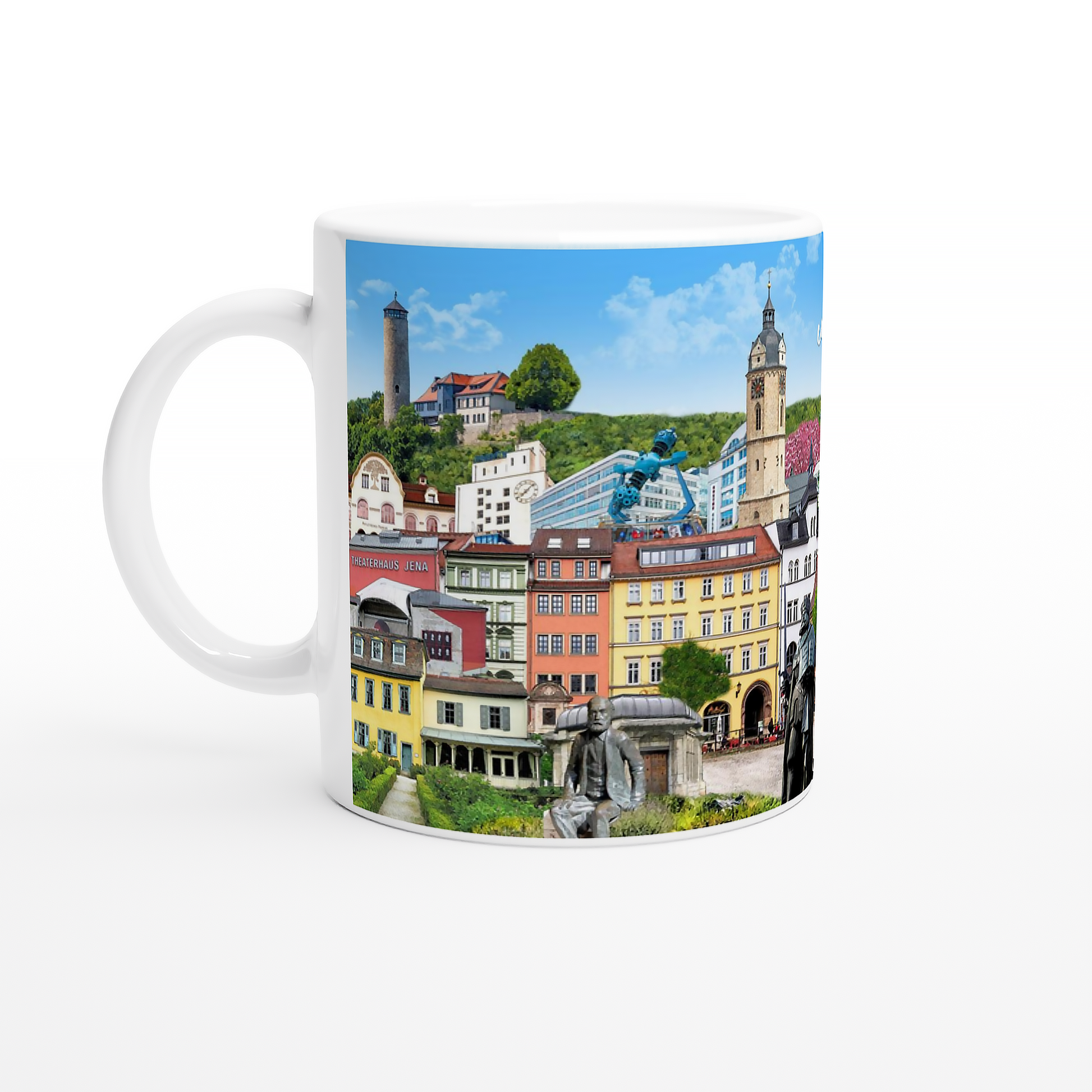 Nahaufnahme des langlebigen Rundumdrucks auf der Jena Kaffeetasse