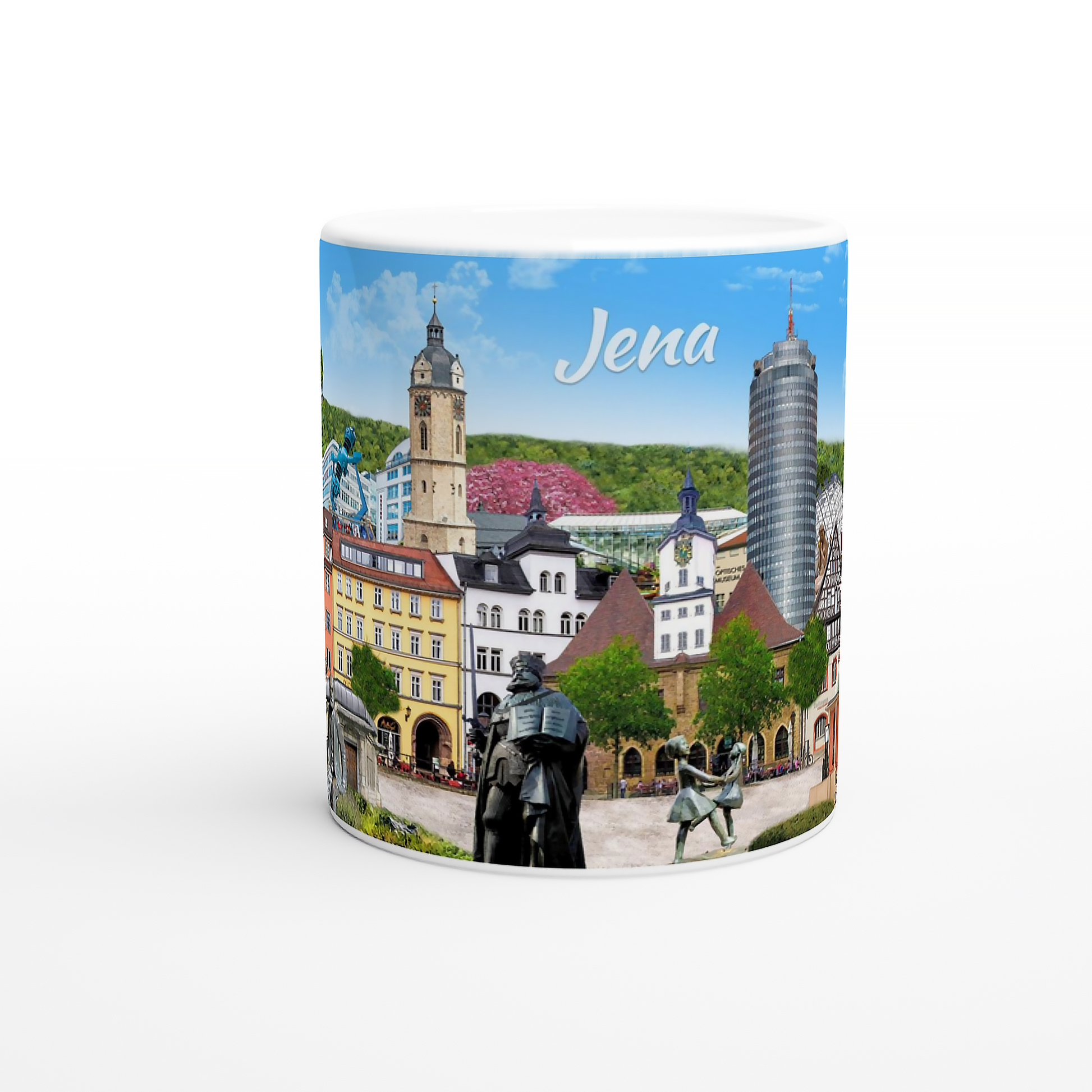 Detailblick auf den Jentower und das Planetarium auf dem Druck der Jena Tasse
