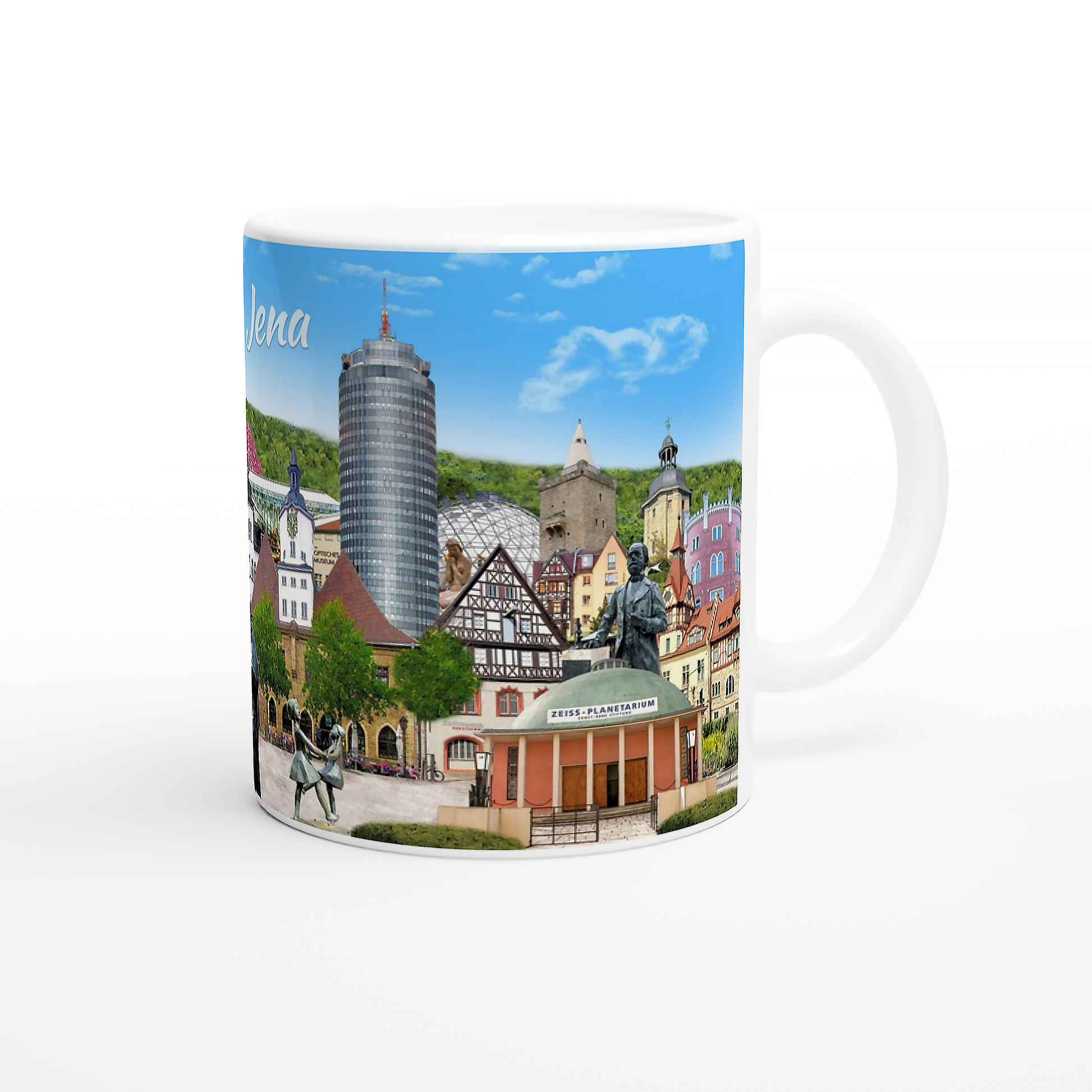 Rückansicht des detailreichen Stadtmotivs der Jena Tasse