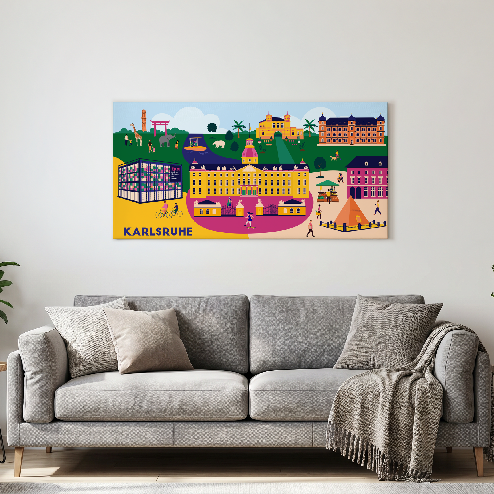 Farbenfrohes Wandbild Karlsruhe im Wohnzimmer über dem Sofa