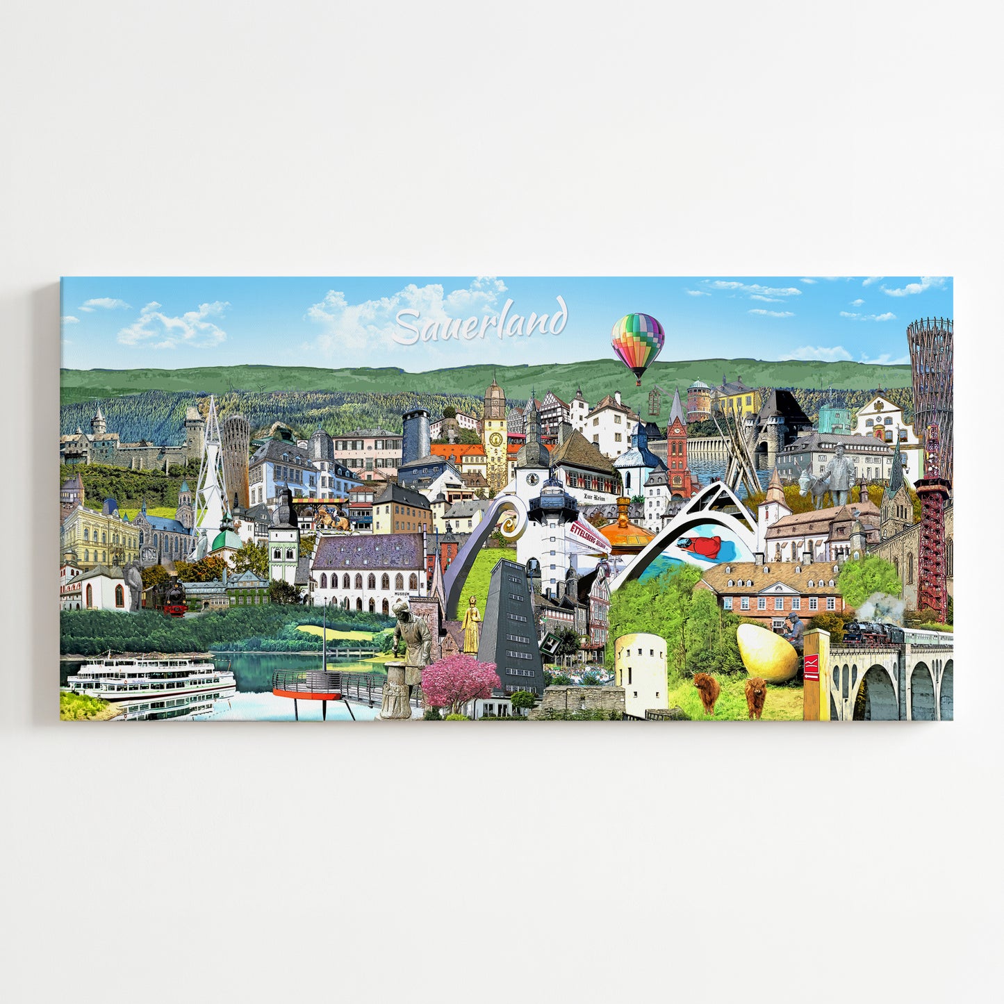 Sauerland Leinwand mit einer farbenfrohen Kunst-Collage regionaler Wahrzeichen und Bauwerke von Röttgers.