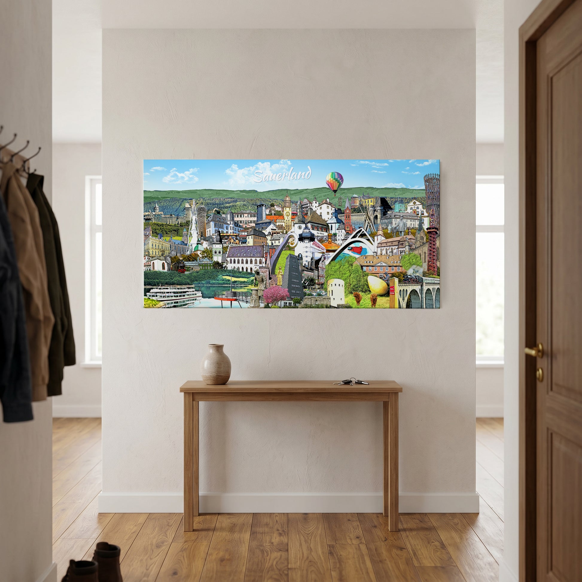 Wandbild Sauerland als hochwertiger Kunstdruck auf Canvas-Leinwand mit Bergen, Talsperre und Ettelsberg-Seilbahn.