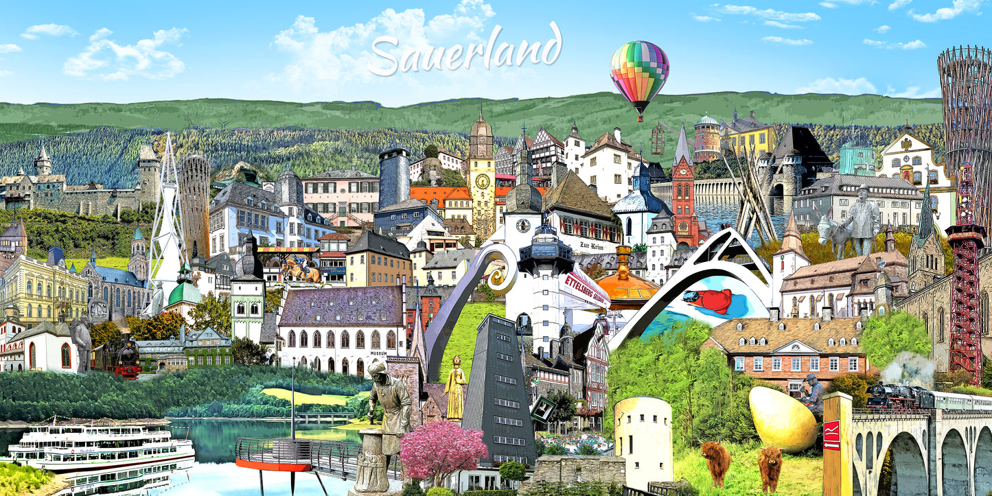 Sauerland Leinwand als kreative Geschenkidee für Heimatverliebte und Fans von regionaler Wimmelbild-Kunst.