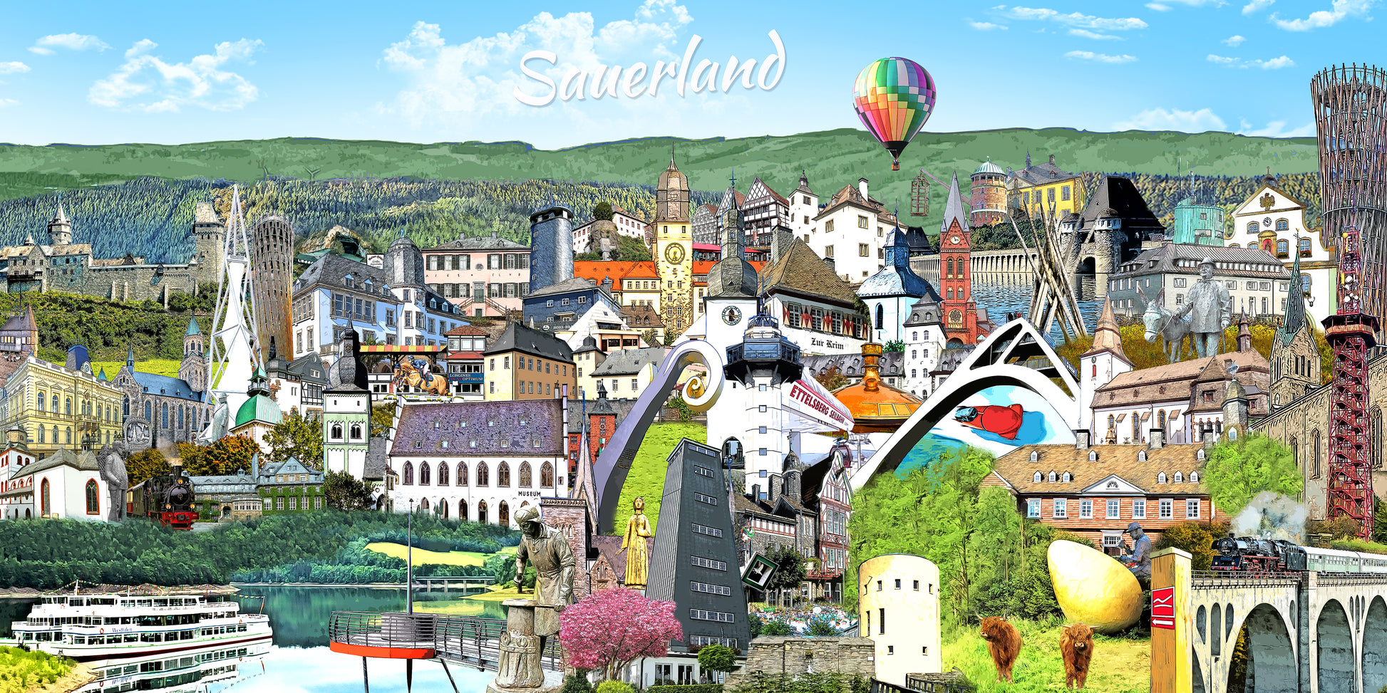Sauerland Leinwand als kreative Geschenkidee für Heimatverliebte und Fans von regionaler Wimmelbild-Kunst.