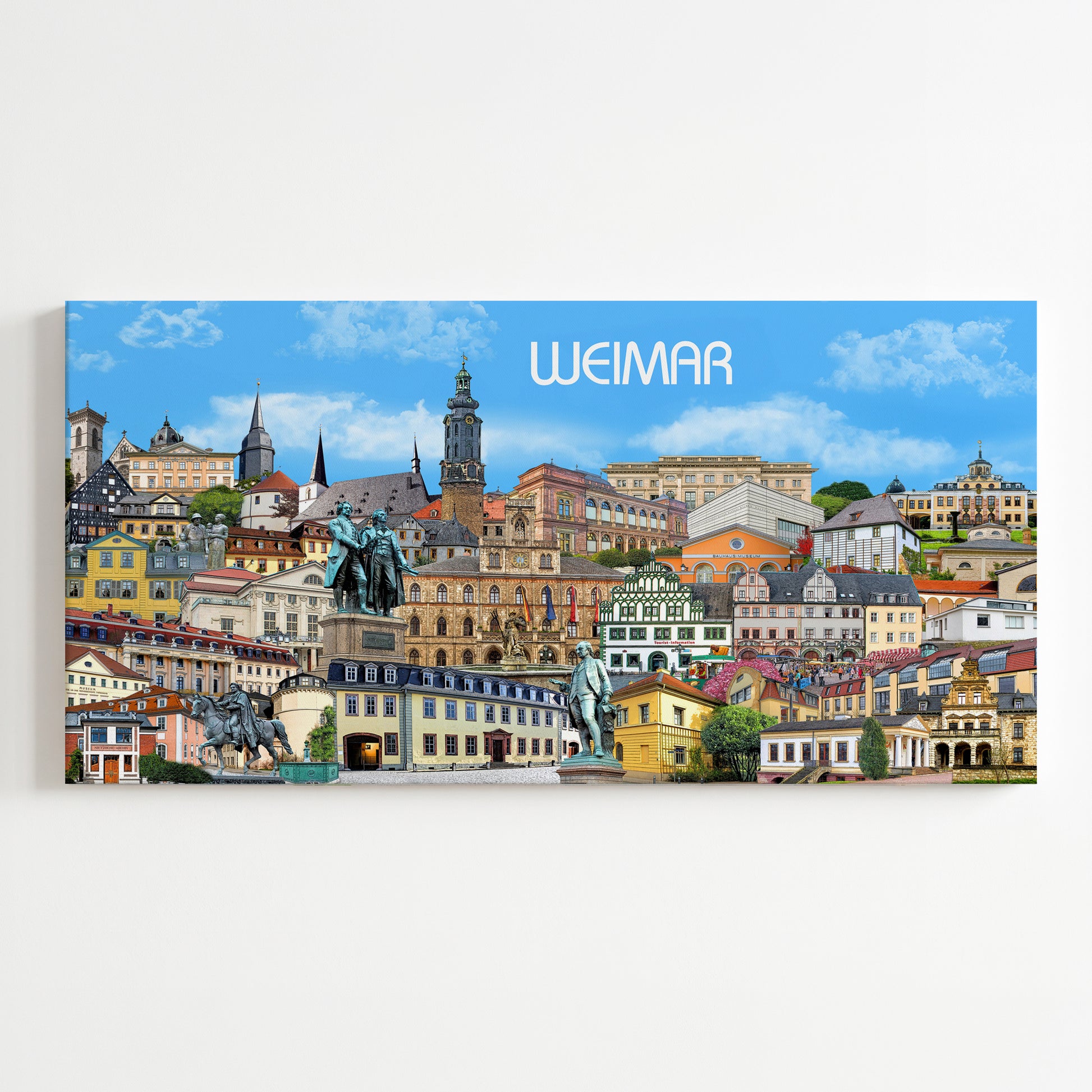 Hochwertiges Leinwandbild mit buntem Weimar Stadtmotiv an einer modernen Wohnzimmerwand.