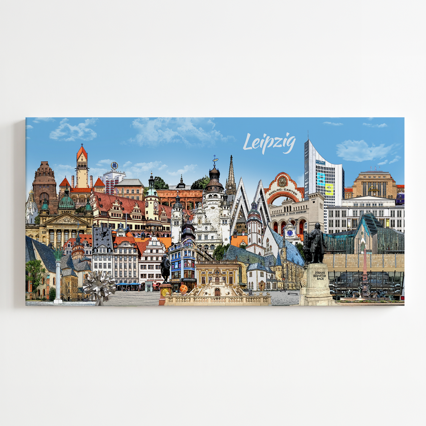 Bernd Röttgers Leipzig Leinwand mit farbenfroher Collage der wichtigsten Sehenswürdigkeiten vor weißem Hintergrund.