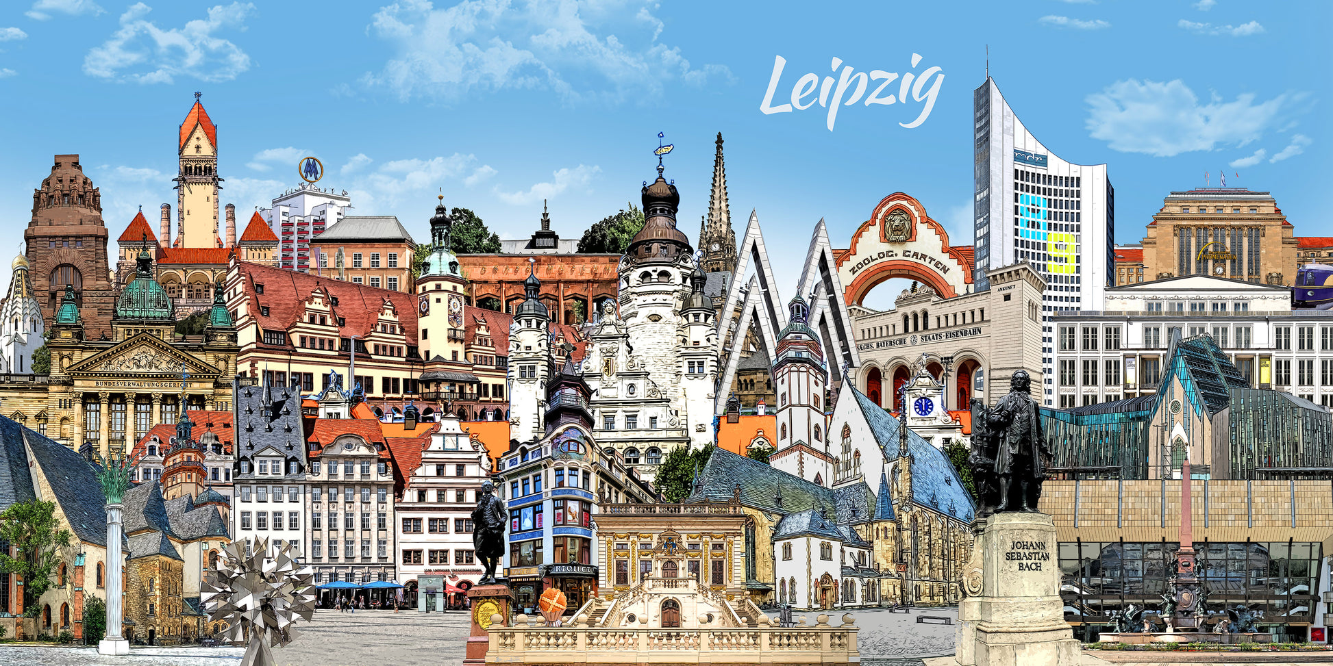Weißer Leipzig-Schriftzug inmitten der bunten Architektur-Highlights von Leipzig