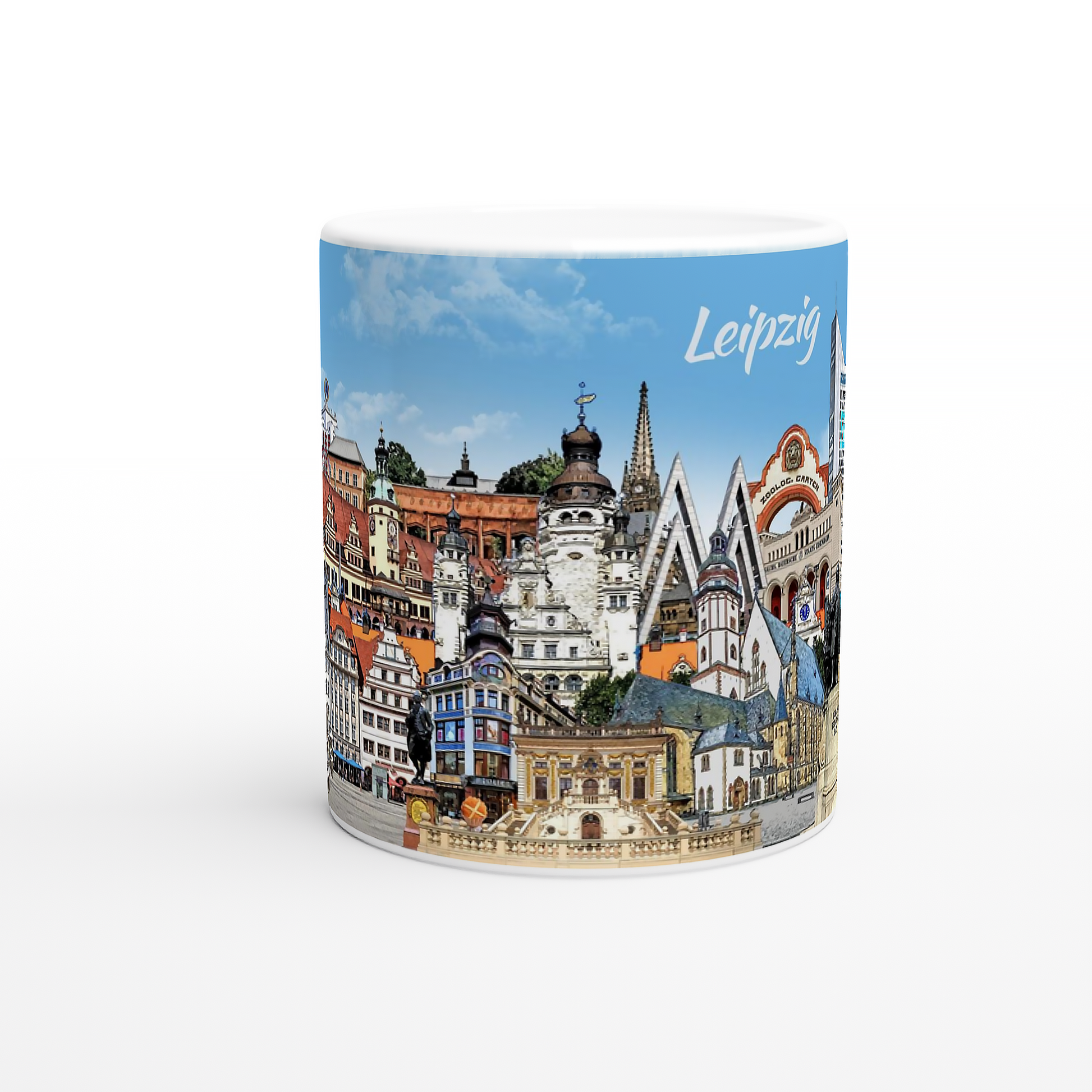 Detailansicht des Panoramadrucks auf der Leipzig Tasse mit Bach-Denkmal und Neuem Rathaus.