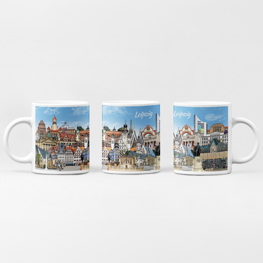 Leipzig Tasse aus weißer Keramik bedruckt mit der farbenfrohen Städte-Collage von Bernd Röttgers.