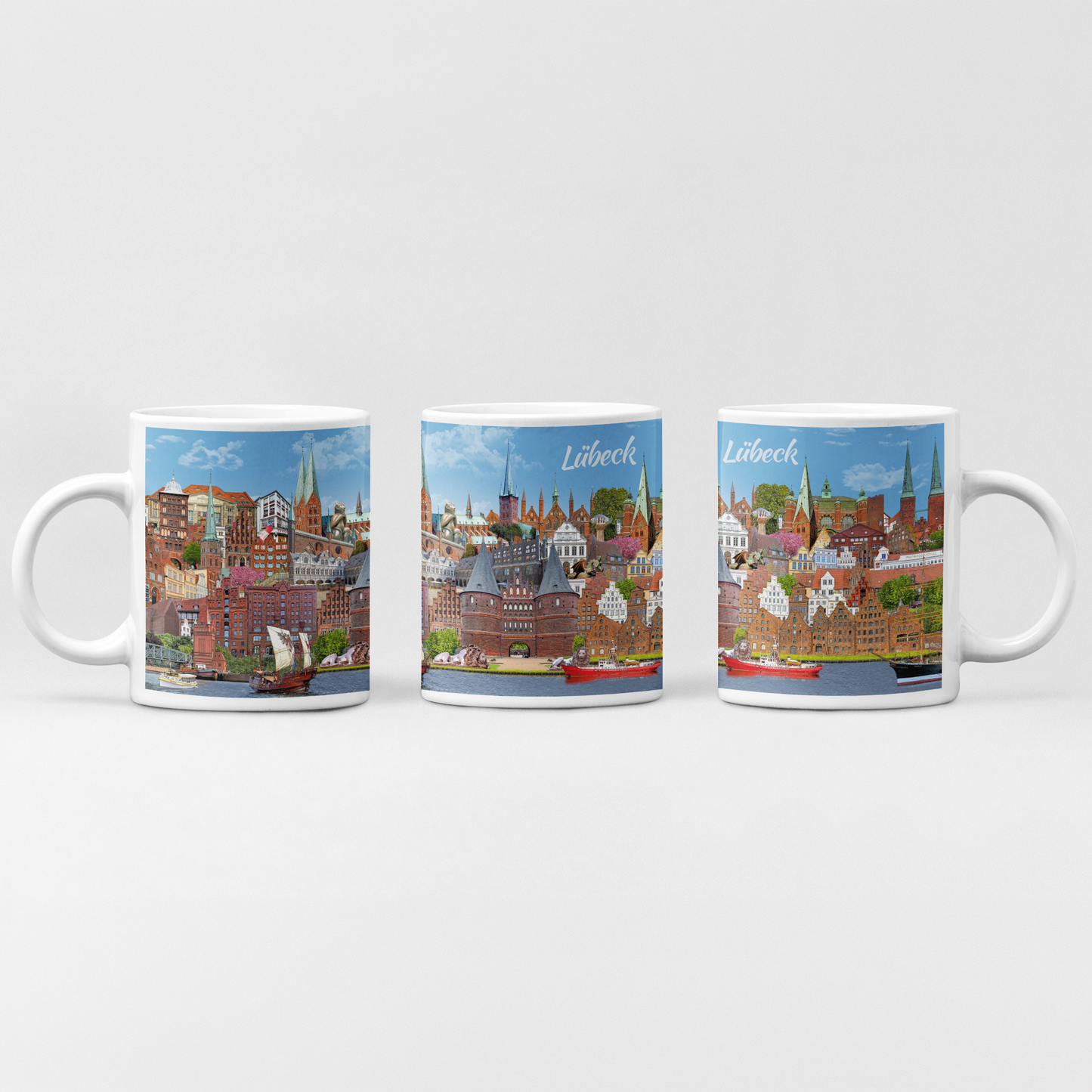 Weiße Keramiktasse mit farbenfrohem Lübeck Stadtmotiv