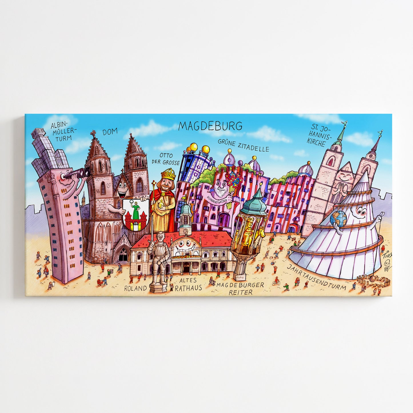 Humorvolle Magdeburg Leinwand von Jacques Tilly mit Dom und Jahrtausendturm.
