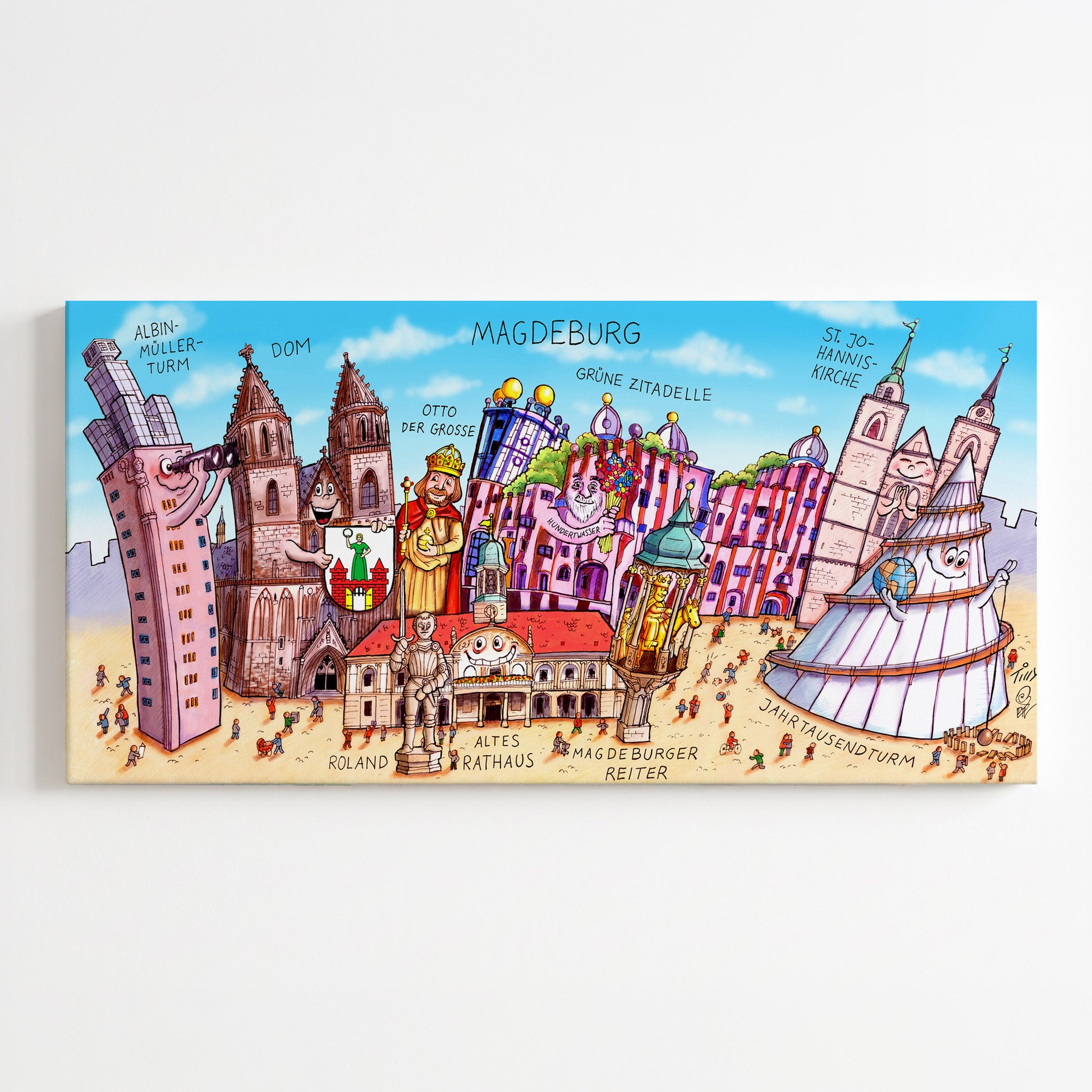 Humorvolle Magdeburg Leinwand von Jacques Tilly mit Dom und Jahrtausendturm.