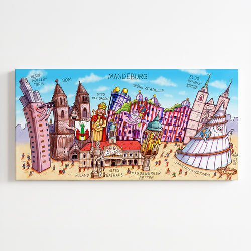 Humorvolle Magdeburg Leinwand von Jacques Tilly mit Dom und Jahrtausendturm.