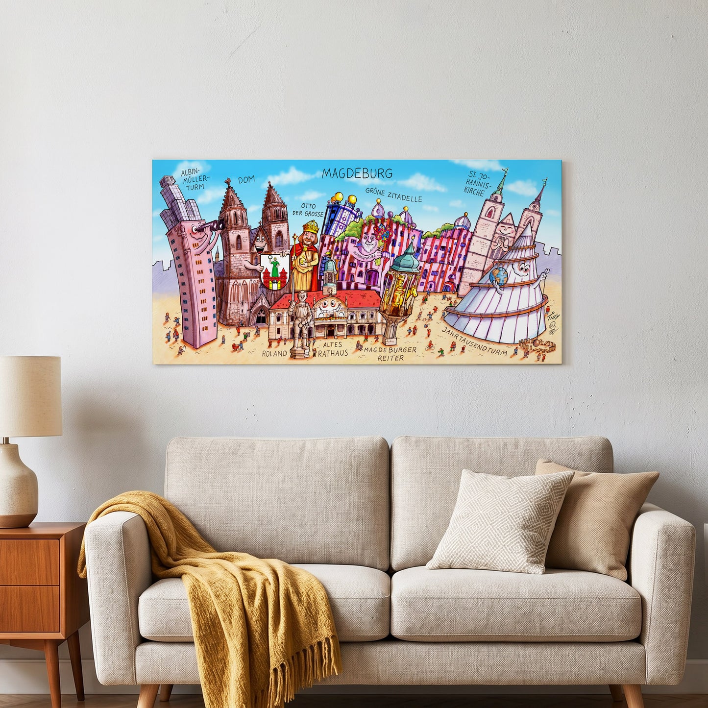 Buntes Wandbild Magdeburg von Künstler Jacques Tilly im Wohnzimmer.