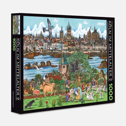 Schwarze Verpackungsbox des Köln Puzzle Mittelalter mit 1000 Teilen.