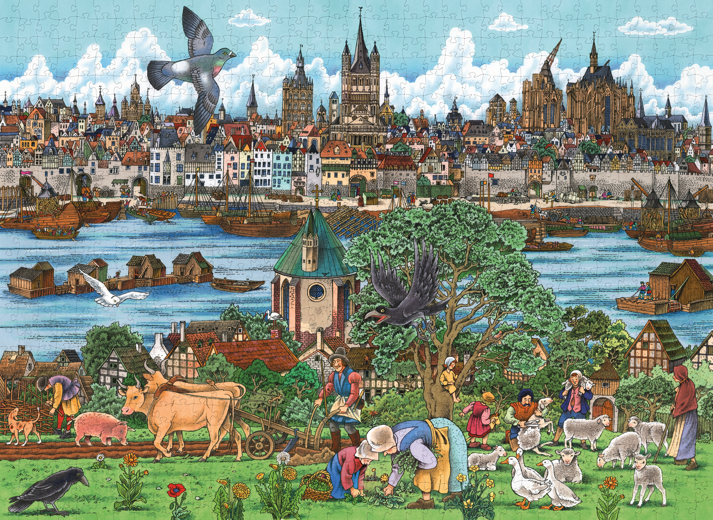 Historisches Kölner Stadtbild als humorvolles Wimmelbild Puzzle.