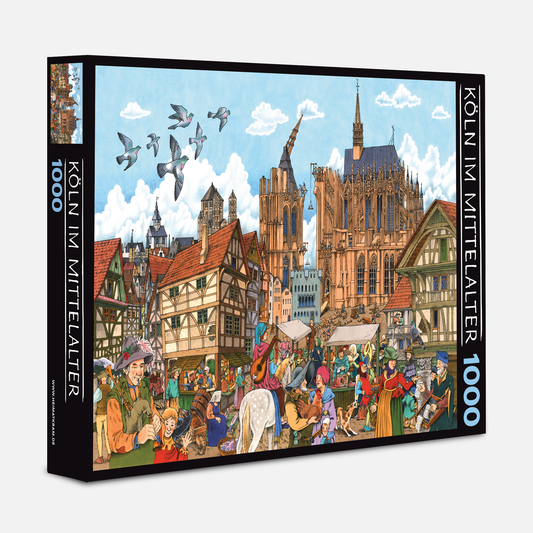 Verpackungskarton des Köln Puzzles 1000 Teile mit Mittelalter Motiv