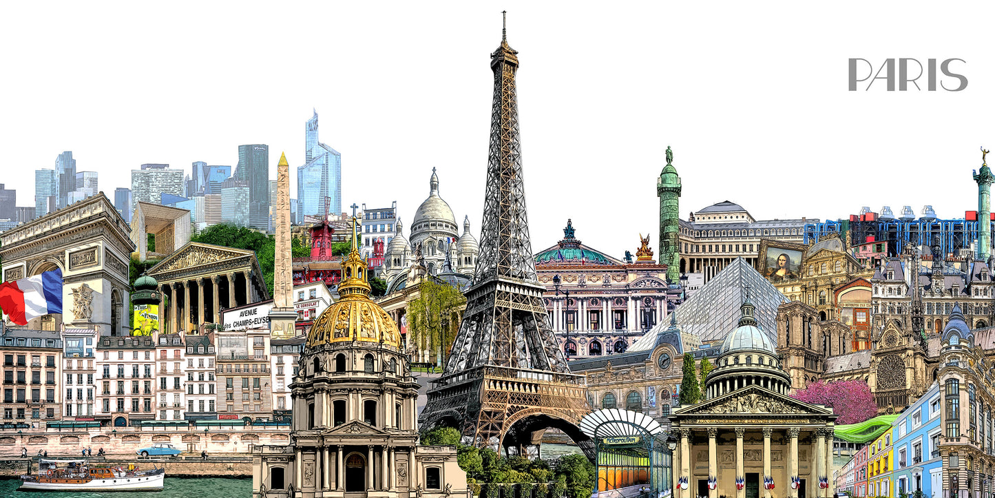 Bunte Paris Illustration mit Invalidendom und Notre-Dame