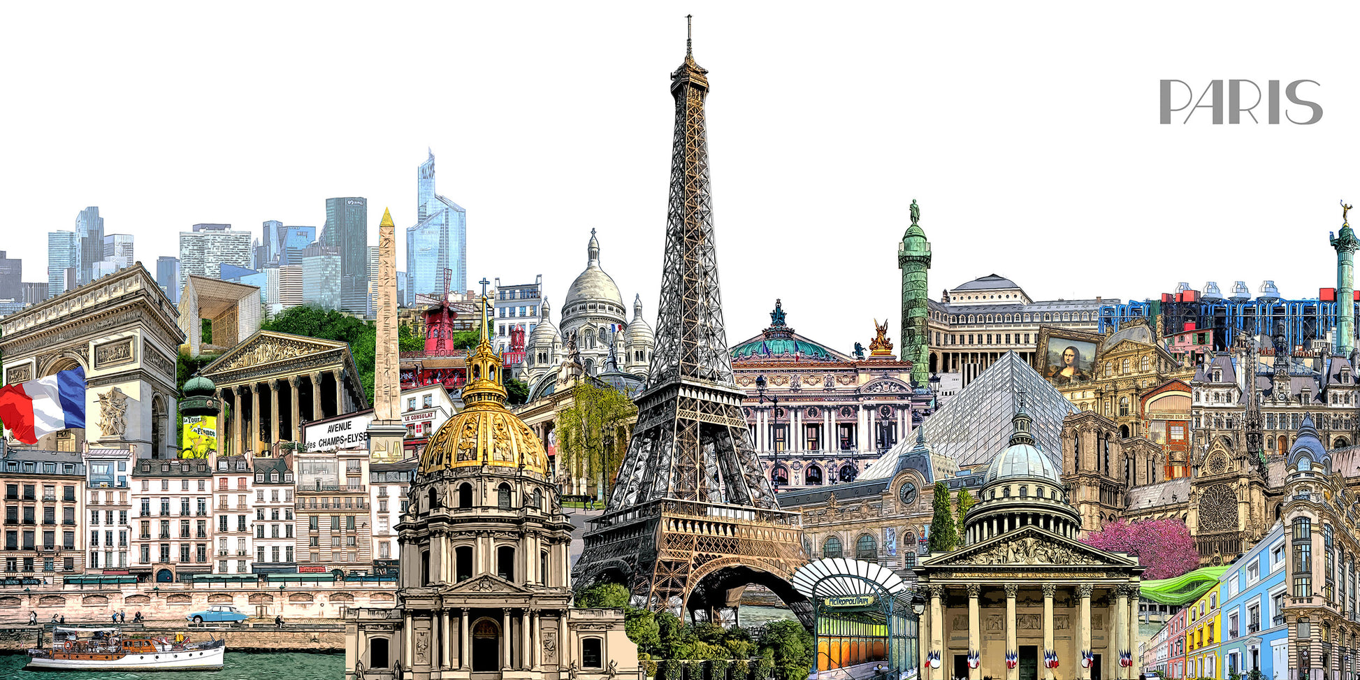 Bunte Paris Illustration mit Invalidendom und Notre-Dame