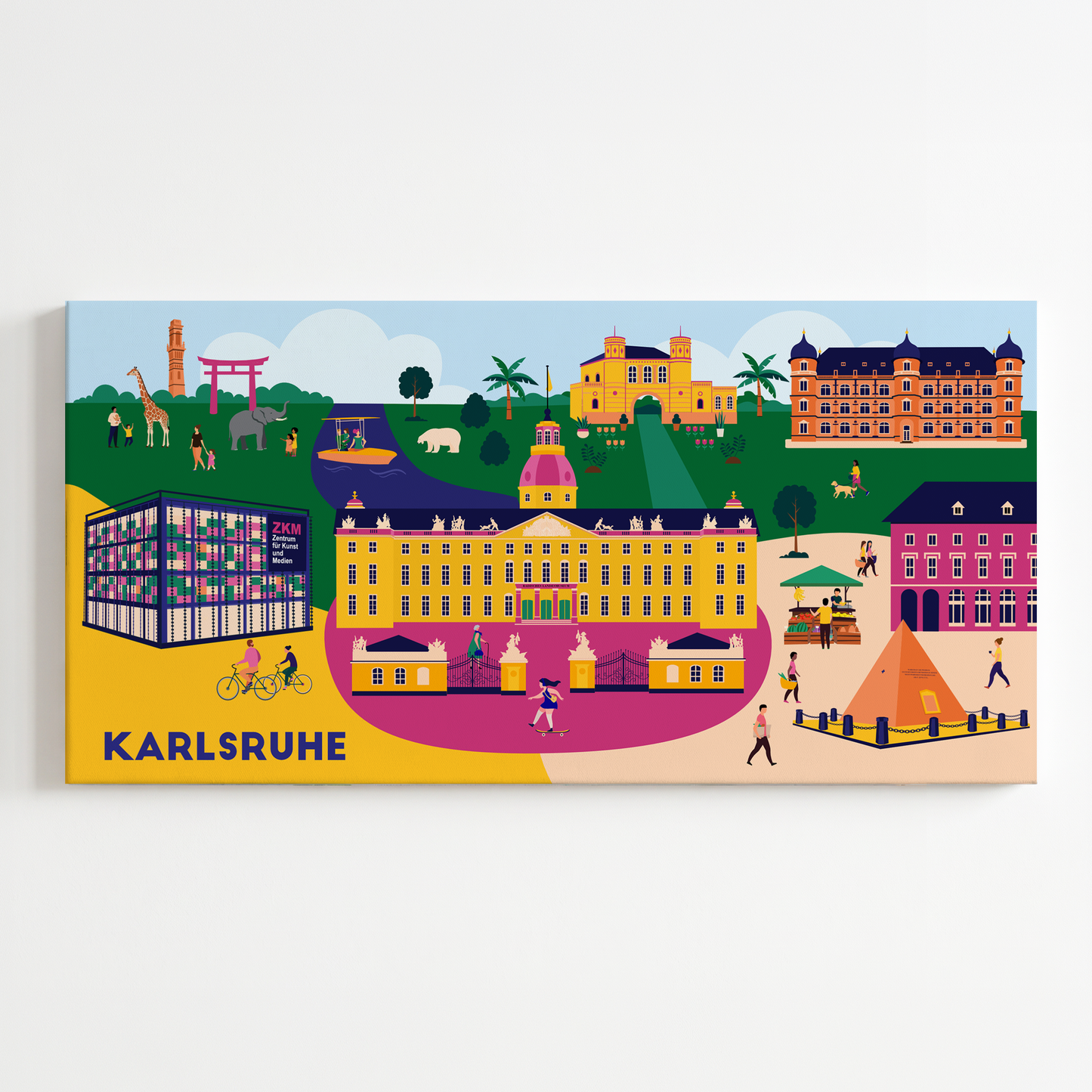 Bunte Karlsruhe Leinwand mit Schloss und Pyramide