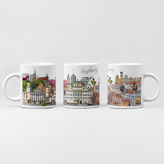 Keramiktasse mit buntem Augsburg Motiv und historischem Rathaus