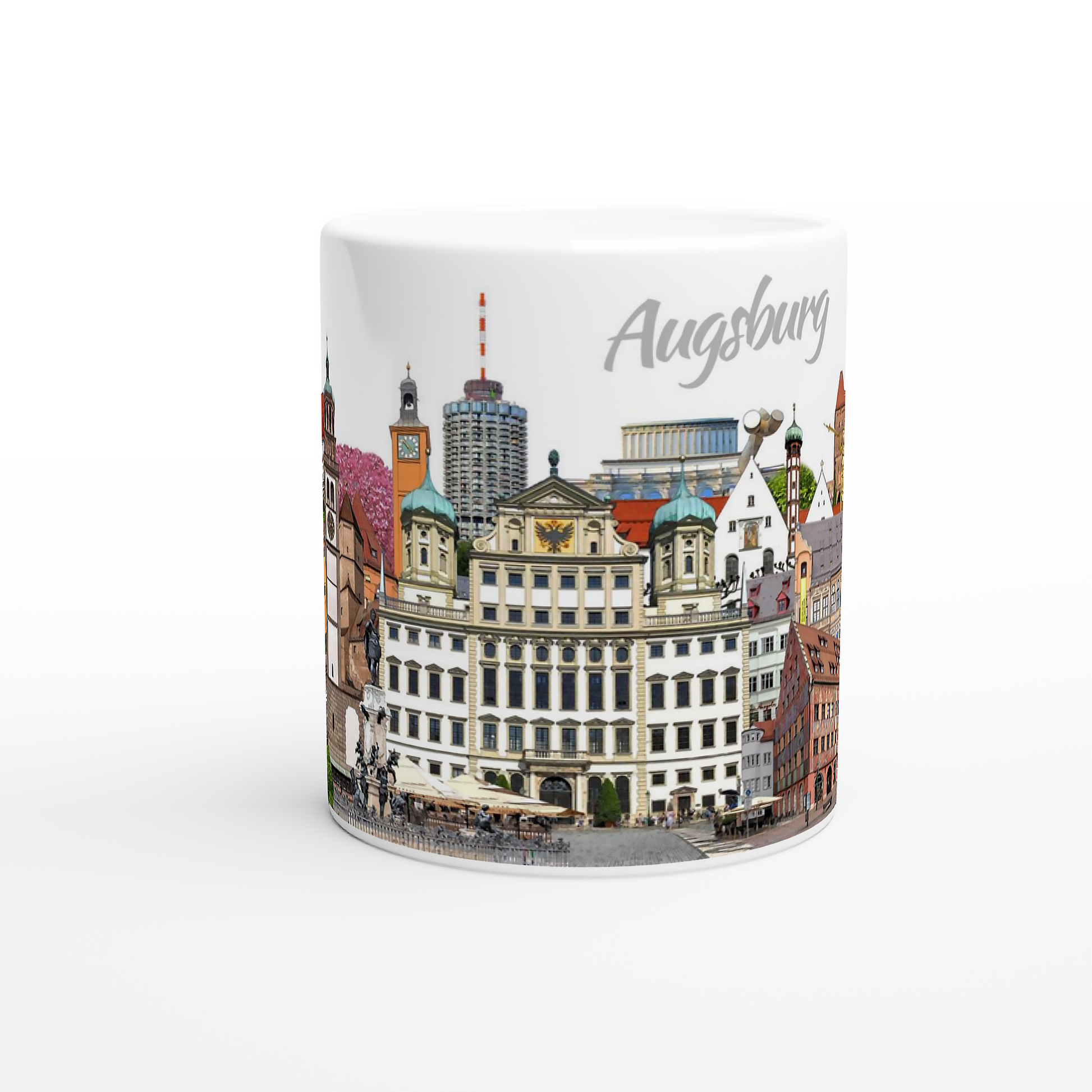 Kaffeetasse mit Motiv der Augsburger Puppenkiste auf Holzkiste