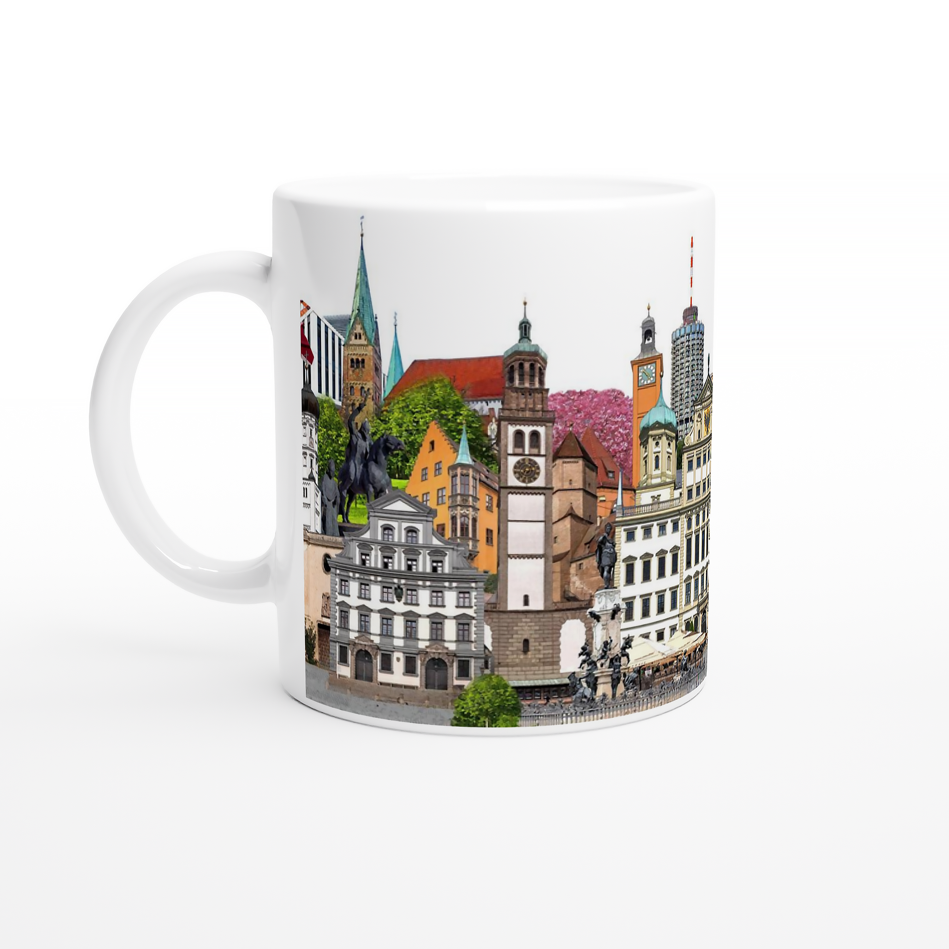 Weiße Tasse mit Motiv Augsburg und bunten Gebäuden