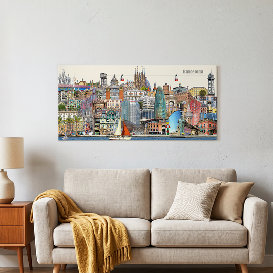 Farbenfrohes Wandbild Barcelona mit Torre Agbar und Seilbahn für das Wohnzimmer.