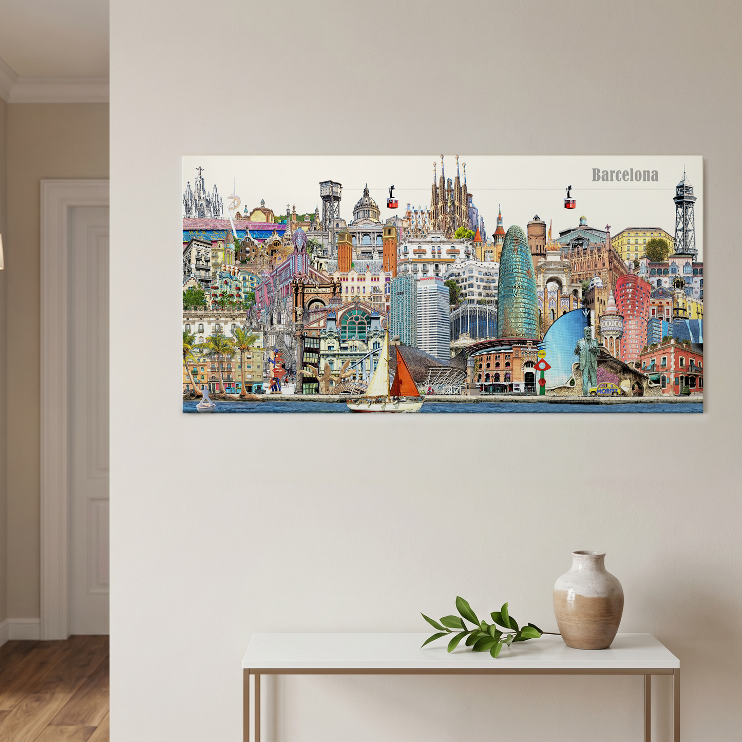 Geschenkidee für Barcelona Fans: Detailreiches Stadtpanorama auf Leinwand.