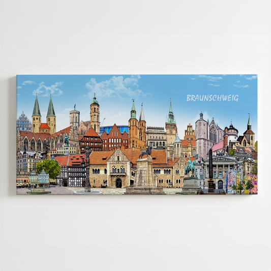 Braunschweig Kollektion Übersicht mit Leinwänden, Tassen und Puzzles der Löwenstadt.
