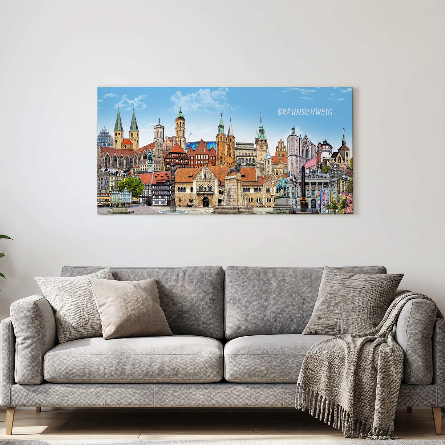Braunschweig Wandbild mit dem Löwen am Burgplatz in modernem Wohnzimmer.