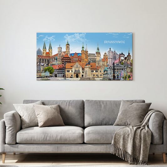 Braunschweig Wandbild mit dem Löwen am Burgplatz in modernem Wohnzimmer.
