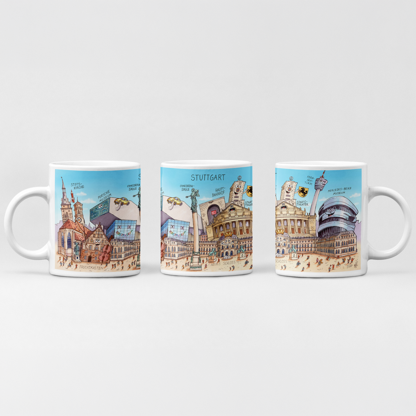 Weiße Keramiktasse mit humorvollem Stuttgart Motiv von Jacques Tilly