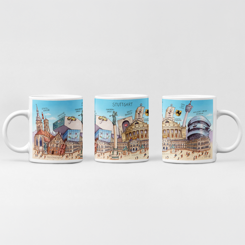 Weiße Keramiktasse mit humorvollem Stuttgart Motiv von Jacques Tilly