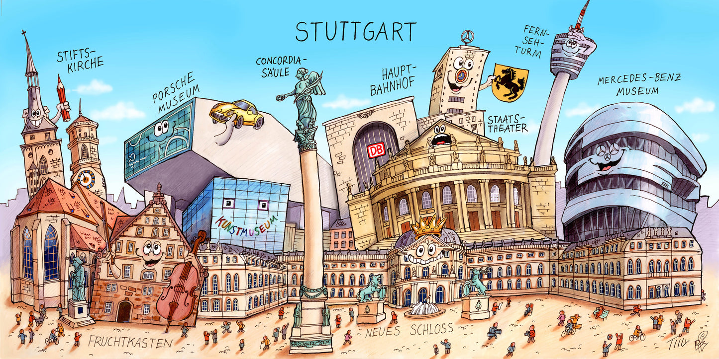 Satirisches Stuttgart Stadtmotiv von Künstler Jacques Tilly auf Keramiktasse