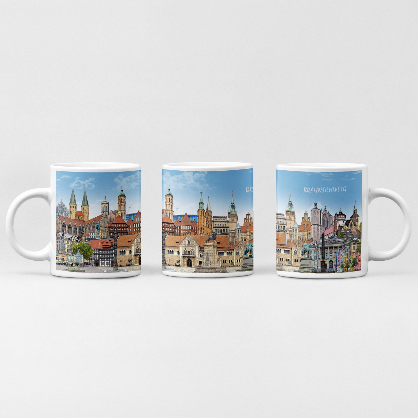 Braunschweig Tasse mit buntem Stadtmotiv-Collage von Bernd Röttgers