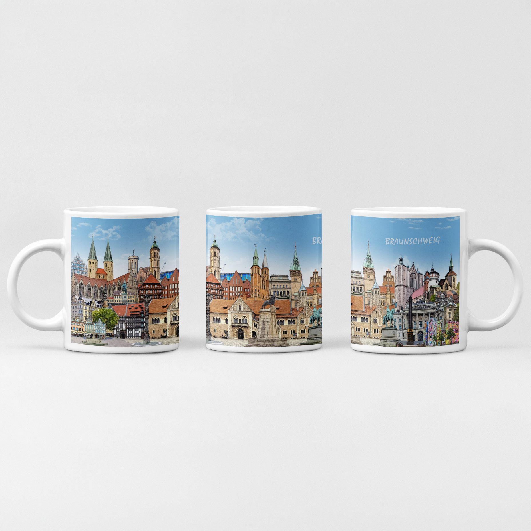 Braunschweig Tasse mit buntem Stadtmotiv-Collage von Bernd Röttgers