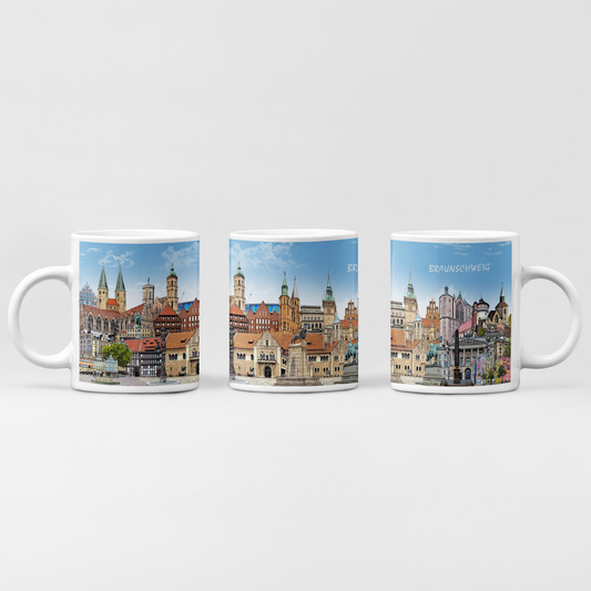 Braunschweig Tasse mit buntem Stadtmotiv-Collage von Bernd Röttgers