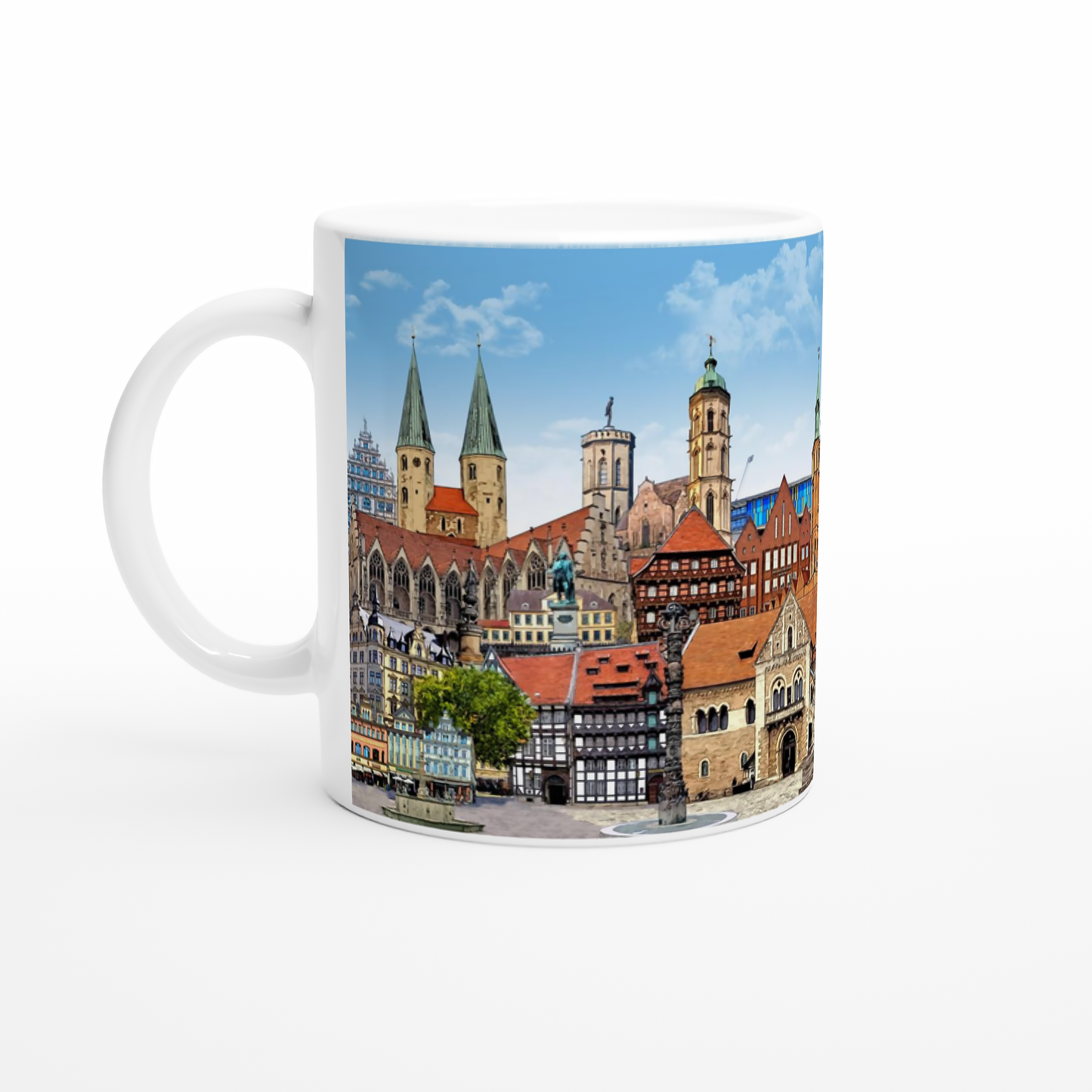 Seitenansicht der Keramiktasse mit detailliertem Braunschweig-Motiv und Griff