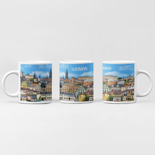 Weiße Keramiktasse mit farbenfrohem Weimar Stadtmotiv.
