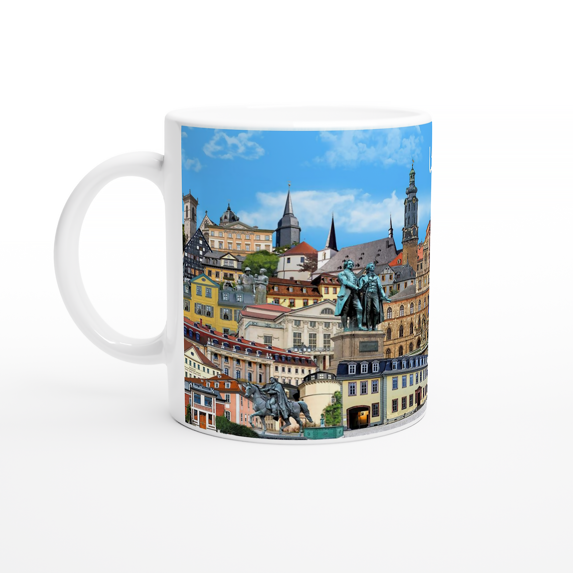 Weimar Tasse Vorderansicht mit dem bekannten Goethe-Schiller-Denkmal.