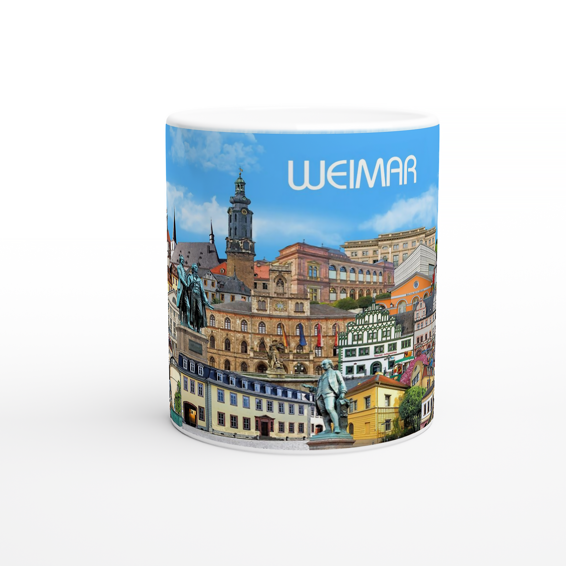 Kaffeebecher Weimar mit historischen Gebäuden und Marktplatz.