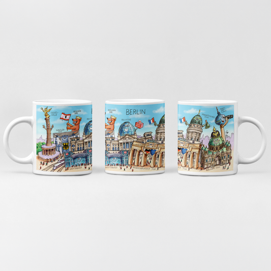 Weiße Keramiktasse mit satirischem Berlin Motiv von Jacques Tilly