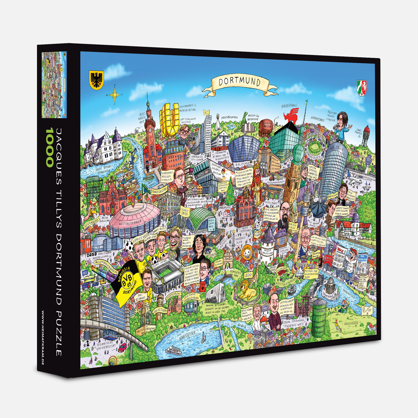 Schwarze Verpackungsbox des Dortmund Puzzles mit 1000 Teilen und satirischem Stadtmotiv.