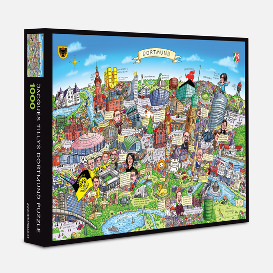 Schwarze Verpackungsbox des Dortmund Puzzles mit 1000 Teilen und satirischem Stadtmotiv.