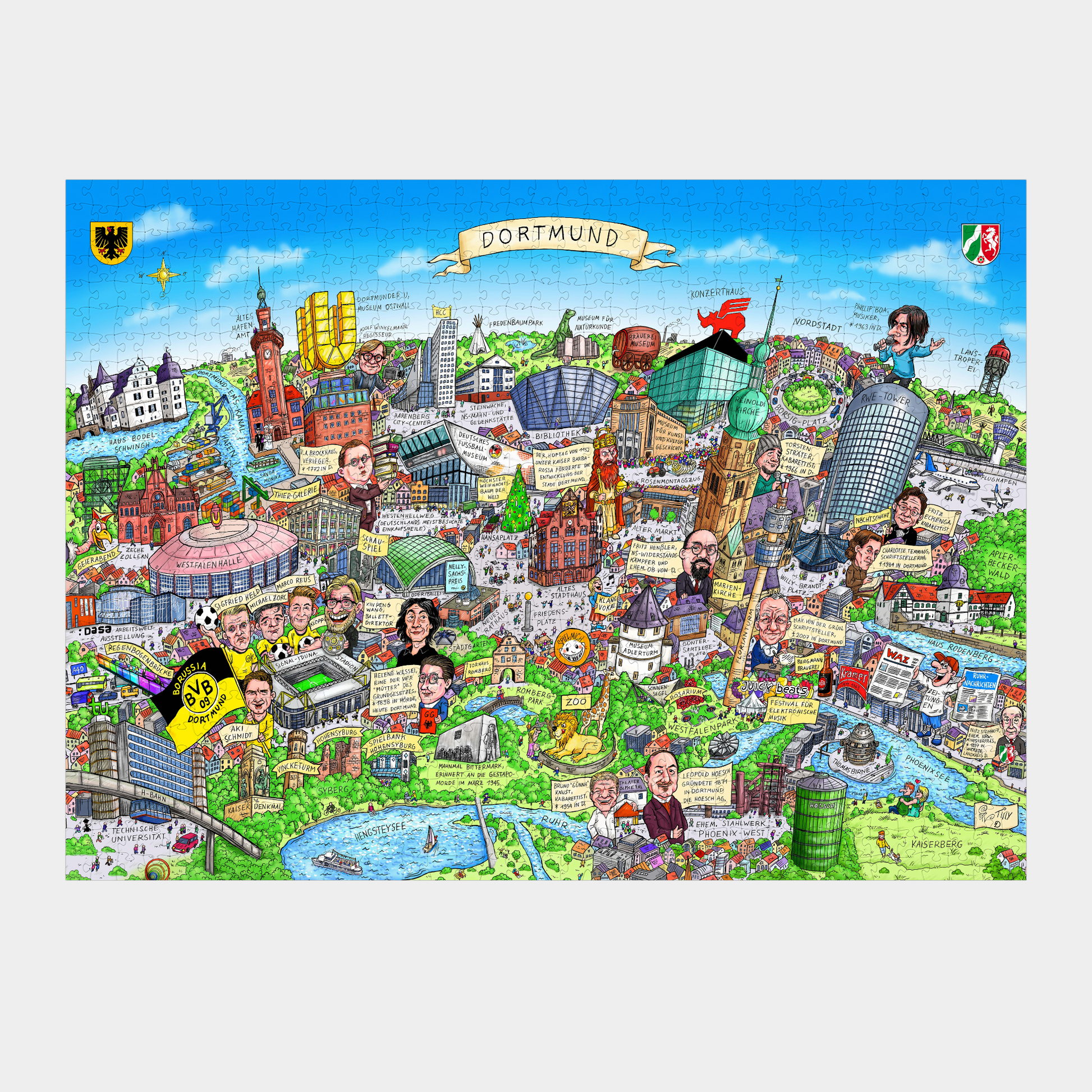 Komplettes Dortmund Puzzle von Jacques Tilly mit vielen Sehenswürdigkeiten in der Draufsicht.